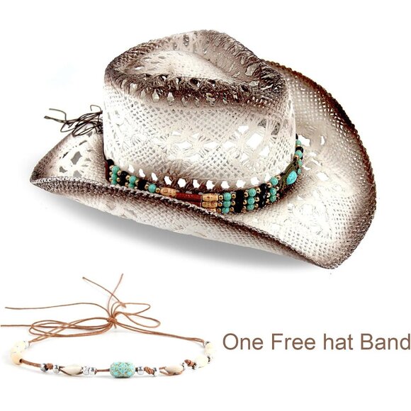 ? Women\'s White 1 Straw Cowgirl Woven Western Two Decorative Bands Sun Hat main image 5